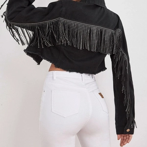 Women's black cropped denim jacket featuring sparkling rhinestone fringe and frayed edges