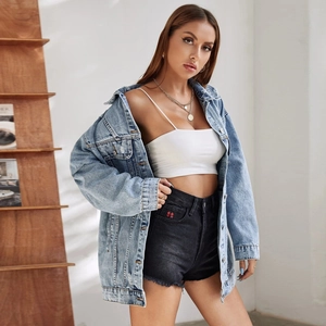 Veste en Jean Oversize pour Femmes Délavé Bleu Clair Déchiré Mélange de Coton Manteau Décontracté Streetwear
