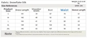 Detailed size chart for satin maxi dress showing length, bust and waist in centimeters