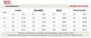 Detailed size chart for women cropped denim jacket with puff sleeves and buckle details