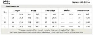 Detailed size chart for distressed denim jacket showing S-L measurements in cm and inches