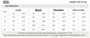 Detailed size chart for women denim jacket showing S to XL measurements in cm and inches