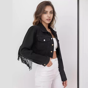 Black cropped denim jacket featuring long beaded fringes and distressed frayed edges