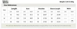 Detailed size chart for women's denim jacket including bust and sleeve measurements