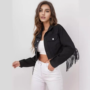 Women's black cropped denim jacket with fashionable fringed sleeves and metal button closure