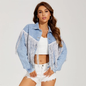 Women's light blue washed denim jacket with long white fringe and cropped fit