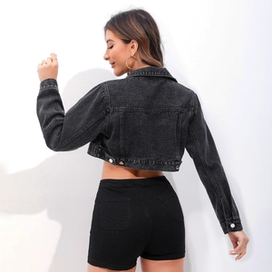 Women's black washed denim jacket crop top with contrast stitching and metal buttons