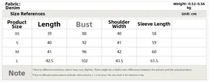 Size chart for sequin denim jacket showing measurements in cm from XS to L for better fit