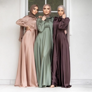 Women Elegant Satin Maxi Dress Long Sleeve Tie Neck Abaya And Hijab Modest Formal Wedding Party Gown