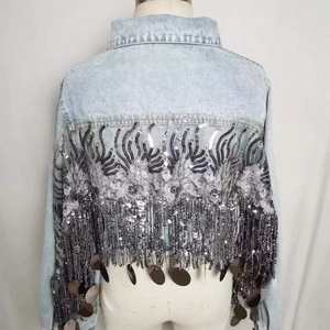 Women Sequin Tassel Denim Jacket Cotton Blend Long Sleeve Raw Hem Short Embroidery Streetwear Fashion Outerwear Coat