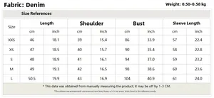 Detailed size chart for women's denim jacket showing length, bust, and sleeve measurements