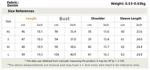 Detailed size chart for women cropped denim jacket in XS to L with fabric weight info