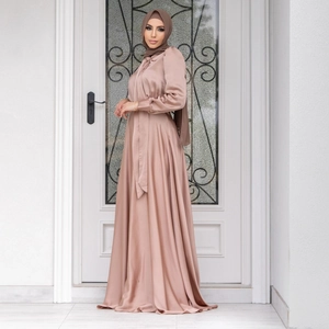 Elegant mauve satin Muslim abaya dress with long sleeves and matching hijab for formal events