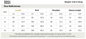 Detailed size chart for women's denim jacket showing S to XL measurements and fabric weight