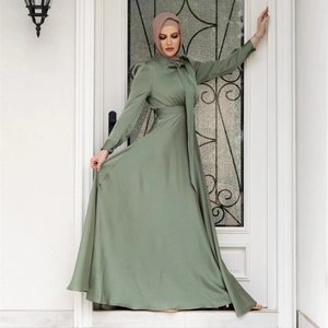 Elegant bean green satin maxi dress with bow tie neck and long sleeves for women