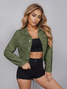 Detail of army green cropped denim jacket featuring chest pockets and metal buttons