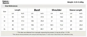 Size chart table for puff sleeve denim jacket showing measurements in cm and inches