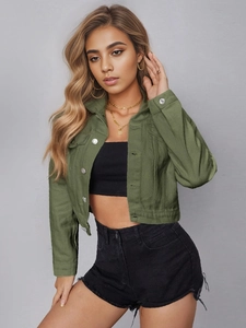 Detail of army green cropped denim jacket with silver buttons and collared neck design