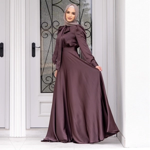 Elegant dark brown satin long-sleeved A-line dress with bow neck and flowing skirt