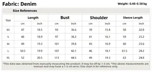 Detailed size chart for women's denim jacket with measurements in centimeters and inches