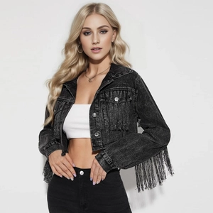 Giacca di Jeans Cropped da Donna con Frange Lavaggio Vintage Manica Lunga con Bottoni Streetwear Casual Top