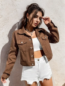 Detail of a brown cropped denim jacket with silver buttons and breast pockets on a model