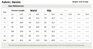 Detailed size chart for ripped stretch skinny jeans in cm and inches from XS to XXL