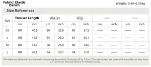 Detailed size chart for women's stretch flare jeans including length, waist, and hip measures