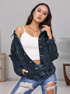 Giacca di jeans media lunghezza grigio scuro vintage con bottoni metallici e taglio ampio