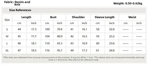 Size chart for hooded denim and knit patchwork jacket featuring S to XL measurements
