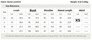 Detailed size chart for denim and knit patchwork jacket from XS to L with measurements