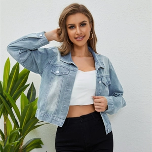 Women Cropped Denim Jacket Washed Distressed Long Sleeve Jean Coat Fashion Casual Lapel Streetwear Outerwear For Women