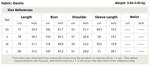 Detailed size guide for denim jacket showing bust and length in cm and inches