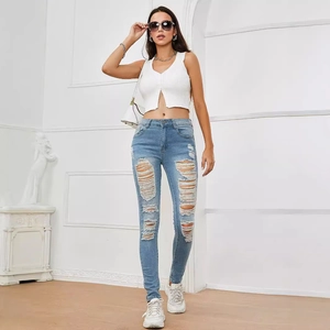 Women High Waisted Skinny Ripped Jeans Light Blue Distressed Denim Pants Frayed Hem Stretchy Pencil Trousers Streetwear