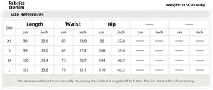 Detailed size chart for women's distressed denim harem jeans including XS to L measurements