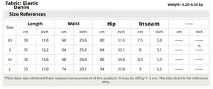 Tableau des tailles détaillé pour shorts en denim extensible de la taille XS à L
