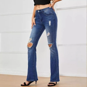 Women high waisted blue flare jeans with distressed ripped details and slim fit style