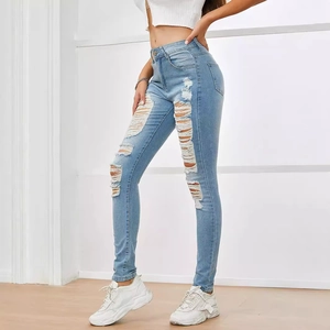 Women high waisted light blue distressed skinny jeans with ripped details and stretchy fit