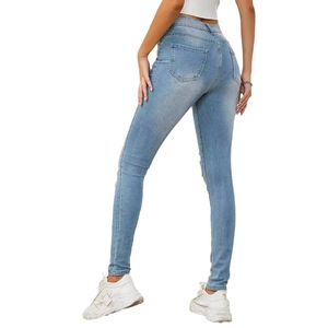 Women's high waist slim fit light blue washed denim jeans with ripped edges and stretch