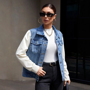 Women Casual Denim Patchwork Jacket Long Sleeve Lapel Spliced Button Down Coat Trendy Streetwear Outerwear For Ladies