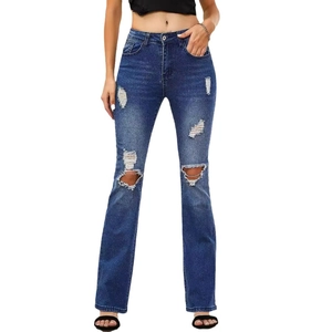 Women's stretch distressed flare jeans in dark blue wash with ripped knee details