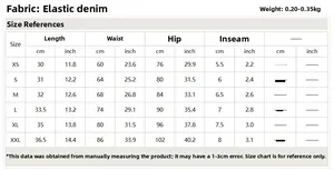 Detailed size chart for distressed denim shorts showing waist and hip measurements