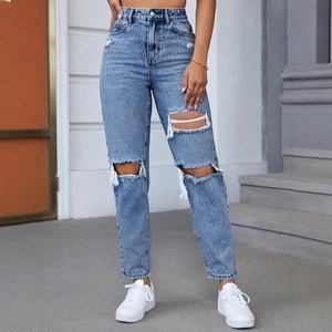 Women High Waist Ripped Jeans Casual Light Blue Washed Denim Pants Streetwear Distressed Harem Pants For Daily Wear