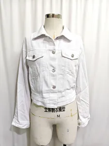 Detailaufnahme der weißen Denim-Jacke mit klassischem Kragen und silbernen Knöpfen
