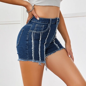 Short en Jean Taille Haute pour Femmes Ourlet Effiloché Détail de Franges Verticales Coupe Ajustée Extensible Streetwear