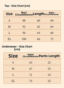 Detailed size chart for daisy print lingerie set including top and bottom measurements