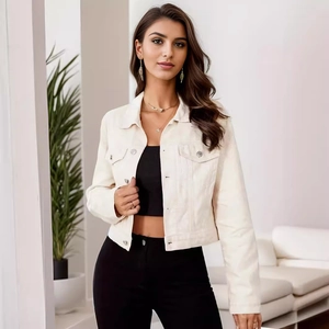 Women's cropped denim jacket in off-white featuring classic collar and metallic buttons