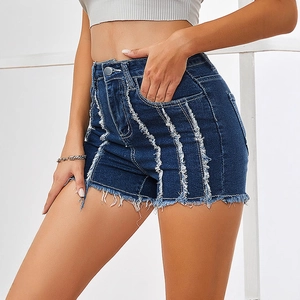 Short en jean taille haute bleu foncé pour femme avec détails effilochés et usés