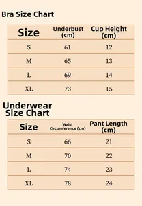 Detailed size chart for lace lingerie set including bra and panties measurements