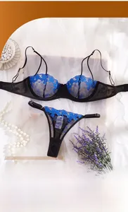 Détail d'un ensemble de lingerie en maille noire avec broderie florale bleue sur soie